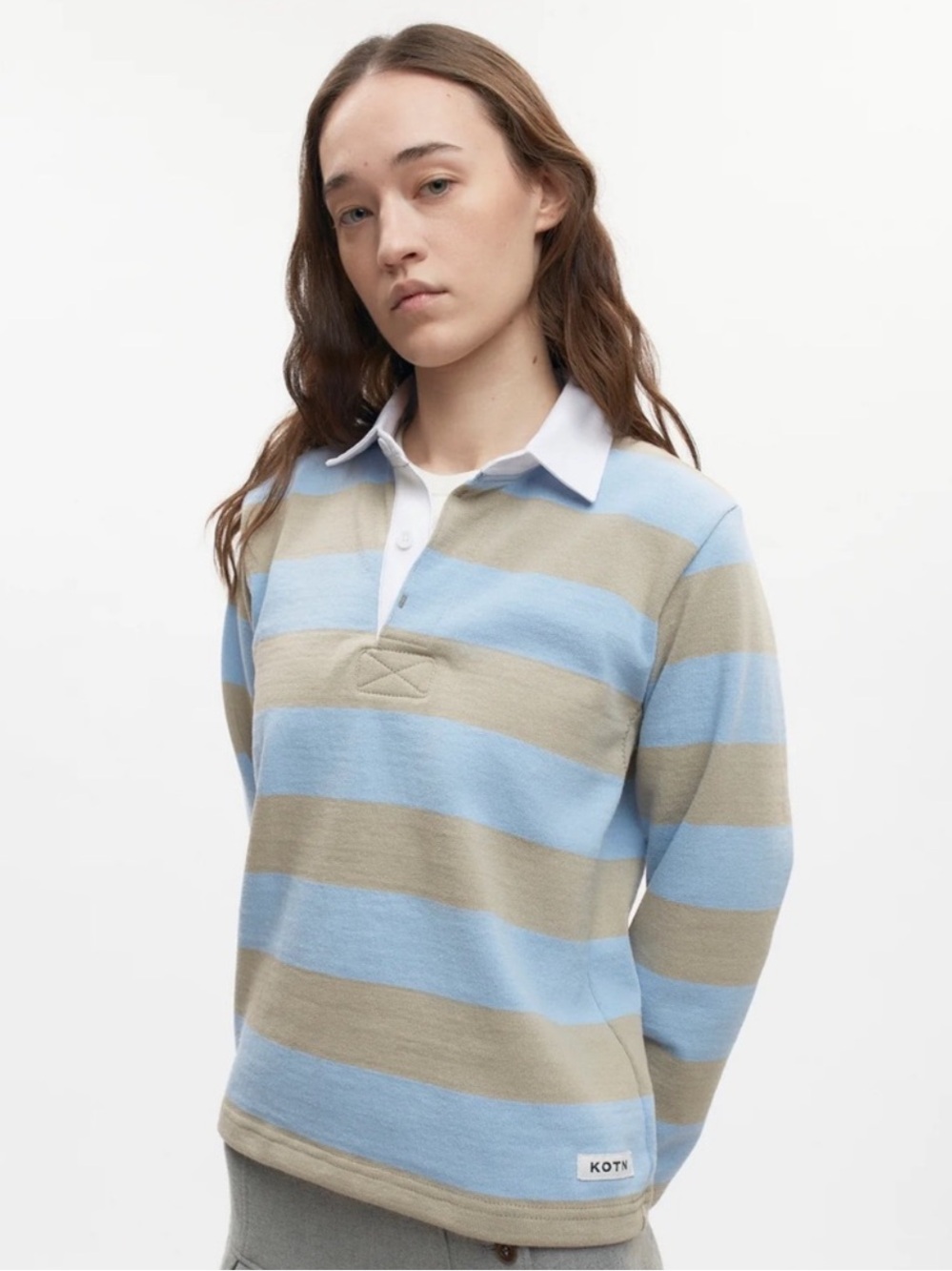 KOTN Shrunken Rugby Shirt - Taupe/Powder Cropped Striped Cotton Longsleeve